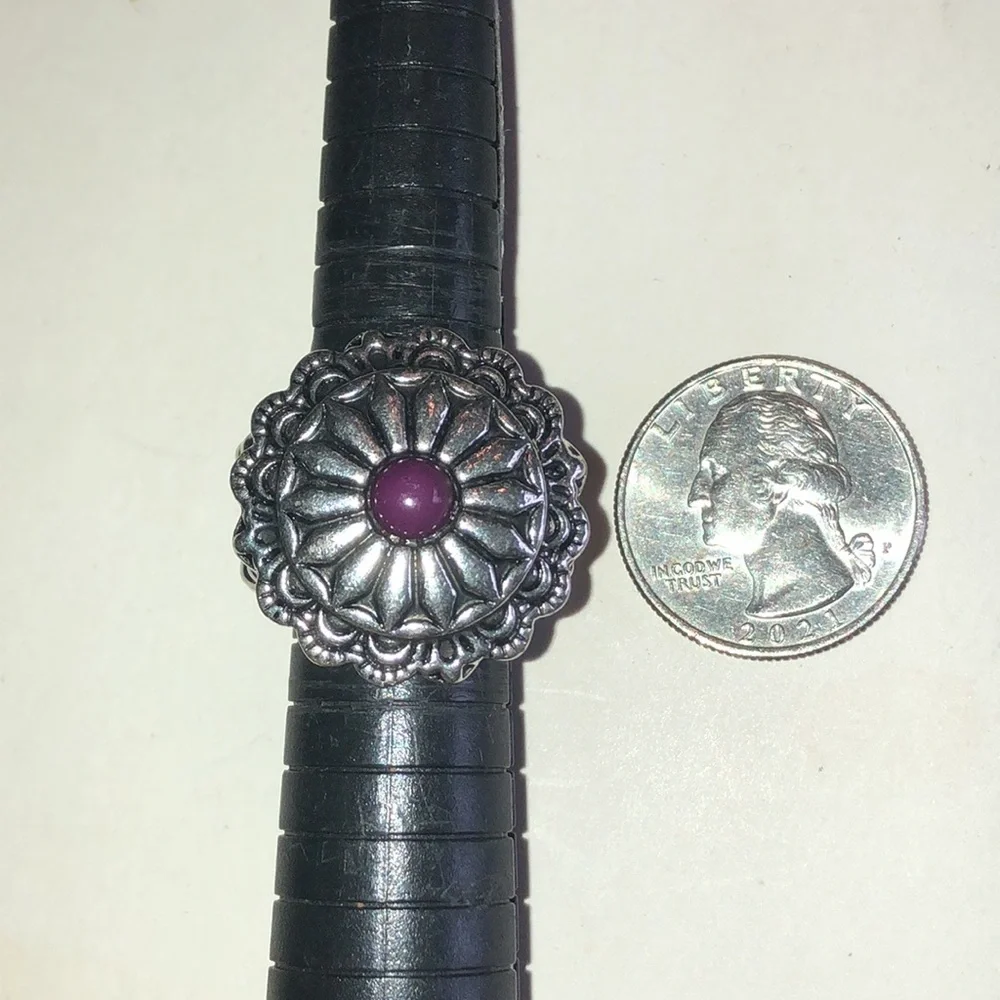 Silver Tone Floral Medallion Ring with Purple Center
